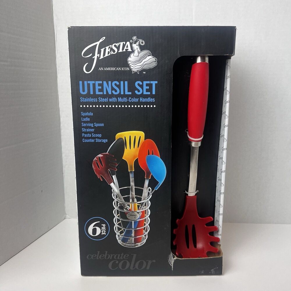 New In Box Fiesta Celebrate Color 6 Piece Utensil Set with Storage Caddy